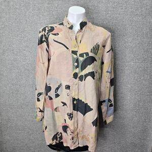 CITRON SANTA MONICA LINEN ARTSY PRINT BUTTON DOWN SHIRT, SIZE S